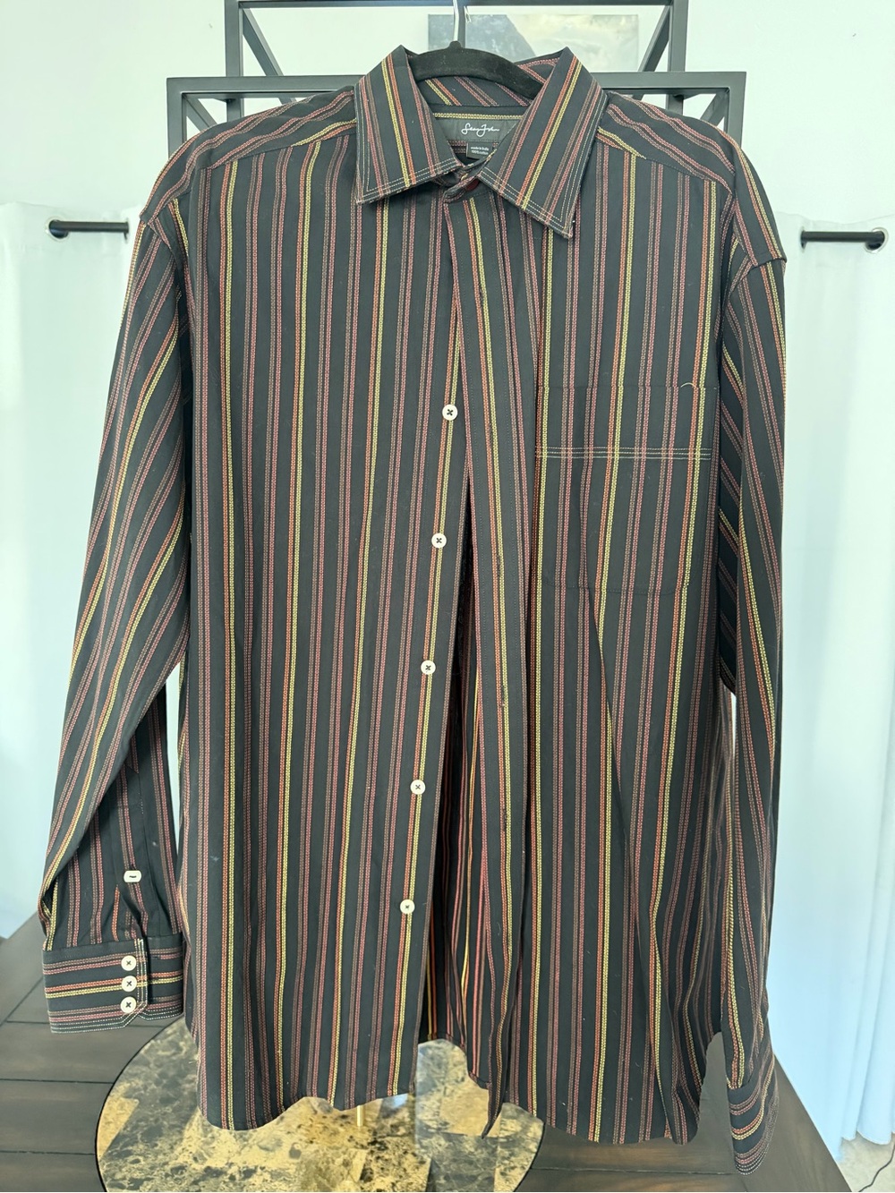 Sean John Black Button-Down Shirt with Red, Yellow and Green Stripes